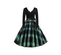 Yming Damen Vintage Cocktailkleid Elegantes Polka Dot Kleid Langärmeliges Kleid Kariert Grün Blau 3XL