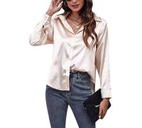 Yming Frauen Bluse Satin Seide Hemden Knopf Hemden Casual Loose Langarm Büro Arbeit Tunika Tops Beige 3XL