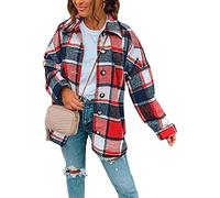 Yming Frauen Kariertes Hemd Oversized Mode Boyfriend Bluse Casual Plaid Jacke Kurz Hemdbluse Rot XXL
