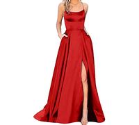 Yming Frauen Split Formale Abendkleider Spaghettiträger Satin Ballkleider Ärmellos Langes Kleid Rot L