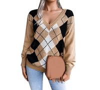 Yming Frauen V-Ausschnitt Plaid Muster Vintage Pullover Loose Fit Rhombus Gedruckt Stricktop Pullover Pullover Khaki L