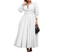 Yming Frauen Weiche Kleider Mit Reverskragen Langärmliges Herbstkleid Swing Maxikleid Weiß 3XL