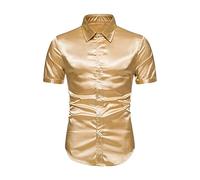 Yming Herren Button Down Seidenhemd Casual Pure Color Hemd Kurzarm Prom Hemd Gelb L