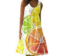 Yming Lässige Ärmellose Kleider Für Frauen Trägerkleider Mit Blumenmuster Knielanges Strandkleid Zitrone XL