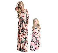 Yming Mutter und Tochter Kleid Casual Langarm Maxi Kleider Sommer Floral Printed Plissee Kleid Rosa Blumen XL