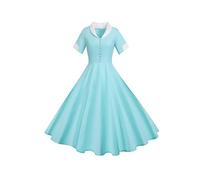 Yming Vintage Audrey Hepburn Kleid Für Frauen Cocktail Slim Fit Swing Abendkleid Revers Einfarbig Kleid Hellblau M