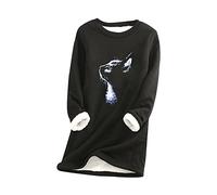 Yming Womens Cat Pattern Jumper Fuzzy Sherpa Fleece Pullover Casual Crewneck Sweatshirt Pullover Schwarz XS