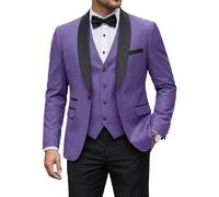 YND Herren-Smoking-Set mit Fliege, schmale Passform, EIN-Knopf-Schal, Revers, Anzug, Blazer, Weste, Hose, für Hochzeit, Abschlussball, Abendessen, 3-teilig, Helles Violett, XX-Large