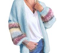 YO-HAPPY Frauen Mohair Strickjacke Candy Farbe gestreifte Laterne Ärmel Pullover Mantel