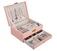YOCOLE Schmuckkästchen, 2 Ebenen Schmuckaufbewahrung Schmuckschatulle Reise PU-Leder, Schmuck Organizers Damen Mädchen für Ringe, Ohrringe, Halsketten und Uhren, mit Schloss und Schlüssel, Rosa