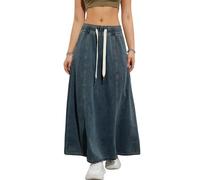 yoeasy Damen Jeansrock mit Kordelzug, elastisch, hohe Taille, lässig, fließend, schwingend, A-Linie, langer Maxi-Flare-Jeansrock, Dunkelblau, Klein