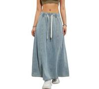 yoeasy Damen Jeansrock mit Kordelzug, elastisch, hohe Taille, lässig, fließend, schwingend, A-Linie, Langer Maxi-Flare-Jeansrock, Hell, blau, Klein