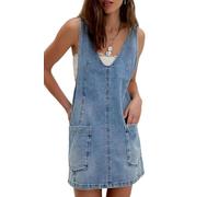 yoeasy Damen V-Ausschnitt Ärmellos Denim Overall Kleid Verstellbarer Träger Sommer Mini Latzhose Jeanskleid mit Taschen, Hell, blau, X-Groß