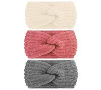 YOFASEN 3 Stück Stirnband Damen Winter - Gestrickte Stirnband Mädchen Frauen Stirnbänder Verdicken Haarband Ohrenwärmer Elastische Damen Häkelarbeit Stirnbänder Kopfband (Beige + Grau + Rosa)