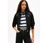 Yoga-Sweatjacke TOMMY JEANS "TJW BADGE TRACK JACKET EXT", Damen, Gr. M (38), schwarz, Sweatware, Obermaterial: 89% Polyester, 11% Elasthan, unifarben mit Farbeinsatz, angesetztes Bündchen, Sweatjacken