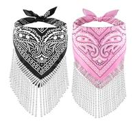YOGEYOGE 2 Stück Disco-Quasten-Strass-Bandana, Glitzer-Halstuch, Cowboy-Halstuch für Damen und Herren, Cowgirl-Taschentuch, geeignet für Western-Stil (schwarz + rosa), Schwarz / Pink, Large