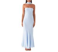 Yoisdtxc Schulterfreies Damenkleid mit Schal, rückenfrei, Netzstoff, figurbetont, formell, Cocktailkleid, Sommerkleid, blau, M