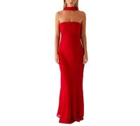 Yoisdtxc Schulterfreies Damenkleid mit Schal, rückenfrei, Netzstoff, figurbetont, formell, Cocktailkleid, Sommerkleid, rot, S