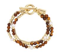 Yokoamii Damen Armband Metall-Legierung gelbgold | Gelbgold-Optik, Anker-/Perlenarmband, Naturstein, tigerauge, Süßwasser-Zuchtperle, ca. 6,0 - 6,5 mm, weiß, barock