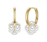 Yokoamii Damen Creolen aus Messing gelbvergoldet 14 Karat mit rund Perle (synth.) ca. 4,5-5,0 mm weiß Zirkonia weiß