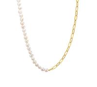 Yokoamii Damen Kette aus Metall gelbvergoldet 14 Karat mit barock Süßwasser-Zuchtperle ca. 7,5-8,0 mm Gliederkette/Perlenkette