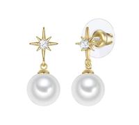 Yokoamii Damen Ohrhänger aus Messing gelbvergoldet 14 Karat mit rund Muschelkernperle ca. 10,0-10,5 mm weiß