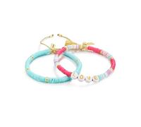 Yokoamii Damen Set (Armband 2er) Edelstahl gelbvergoldet 14 Karat Heishi Perlen rosa türkis weiß Love Perlenarmband