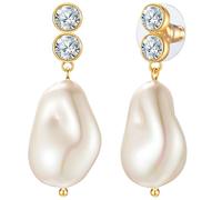 Yokoamii - Ohrhänger Messing Zirkonia Muschelkernperle in Gelbgold Ohrringe Damen