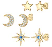 Yokoamii Ohrstecker Mond/Sterne aus Messing in gelbgold mit Zirkonia 11,8/6,7/5,1 mm Damen