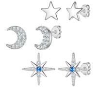 Yokoamii Ohrstecker Mond/Sterne aus Messing in silber mit Zirkonia 11,8/6,7/5,1 mm Damen