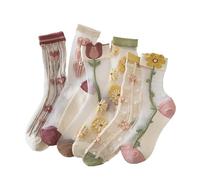 Yolhloy 5 Paare Damen Mesh Socken Spitze Blume Stickerei Transparente Socken Dünne Sommer Jacquard Kristall Glas Durchsichtig Söckchen für Frauen und Mädchen