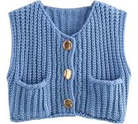 YOMACY Damen Ärmellos Crop Knit Cardigan Grobstrick Ärmellos Cropped Button Sweater Weste Ärmellos Sweater Weste mit Taschen, blau, XS