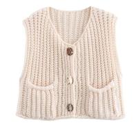 YOMACY Damen Ärmellos Crop Knit Cardigan Grobstrick Ärmellos Cropped Button Sweater Weste Ärmellos Sweater Weste mit Taschen, weiß, M