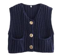 YOMACY Damen Ärmellos Crop Knit Cardigan Grobstrick Ärmellos Cropped Button Sweater Weste Ärmellos Sweater Weste mit Taschen, navy, XL