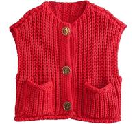 YOMACY Damen Ärmellos Crop Knit Cardigan Grobstrick Cropped Button Sweater Weste mit Taschen, Rot, S