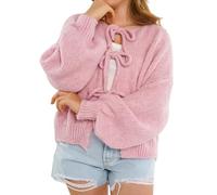 YOMACY Niedliche übergroße Strickjacke für Damen, offene Vorderseite, zum Binden, lange Ärmel, V-Ausschnitt, Fliege vorne, Cadigan-Strickwaren, Schleife, Tops, Herbst, Winter, locker, Grobstrick,