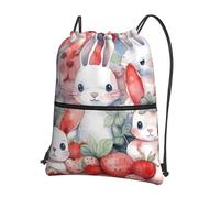 yomeeaaaa Rucksack mit Kordelzug, Turnbeutel, Kordelzugbeutel, Erdbeere und Hase, Kordelzugbeutel für Reisen, Schwarz , One size