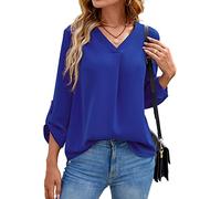 Yommay Langarm V Ausschnitt 3/4 Sleeve Oberteil Shirts Basic Casual Langarmshirts Ladies Chiffon Tops Longshirt(königsblau,EU M)
