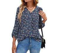 Yommay Langarm V Ausschnitt 3/4 Sleeve Oberteil Shirts Basic Casual Langarmshirts Ladies Chiffon Tops Longshirt(Flower Navy Blau,EU XL)