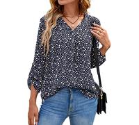 Yommay Langarm V Ausschnitt 3/4 Sleeve Oberteil Shirts Basic Casual Langarmshirts Ladies Chiffon Tops Longshirt(Sx F Marineblau,EU XXL)