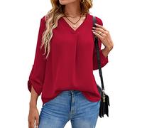 Yommay Langarm V Ausschnitt 3/4 Sleeve Oberteil Shirts Basic Casual Langarmshirts Ladies Chiffon Tops Longshirt(MM F Rot,EU S)