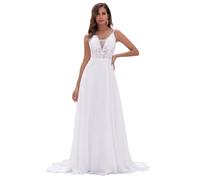 YONABTF Chiffon-Hochzeitskleider für Braut, Spitzenapplikationen, V-Ausschnitt, lang, Strand, Spaghettiträger, Schlichtes Brautkleid mit Schlitz, Elfenbein, 36
