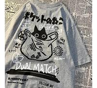 YOND Frauen Cartoon T-Shirts 2023 Sommer Harajuku Kawaii Katze Bedruckt Kurzarm T-Shirts weibliches Paar Streetwear Lose Kleidung Y2K Tops-Grau, 2XL