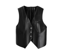 YONGHONGKEJI Damen Weste Aus Leder, Schmal, Ärmellos, 3 Knopf Jacke, Gothic Streetwear Weste, V Ausschnitt, Vintage Cardigan, Arbeit, Büro, Weste, Mantel, Schwarz, Xs