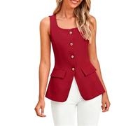 YONGHONGKEJI Damenweste mit Eckigem Ausschnitt Knopfleiste Ärmelloses Elegantes Blazer Top Schmal Geschnittene Anzugweste Sommer Tanktop Business Blazer Weste Rot Größe L