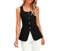 YONGHONGKEJI Damenweste mit Eckigem Ausschnitt und Knopfleiste Ärmelloses Elegantes Blazer Top Schmal Geschnittene Anzugweste Sommer Tanktop Business Blazer Westen Schwarz Größe L