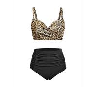 Yonique Damen-Bikini-Set mit Bügel, hohe Taille, Bauchkontrolle, Badeanzug, 2-teilig, Push-Up-Badeanzug, Leopard, XX-Large
