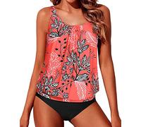 Yonique Damen Blouson Tankini Badeanzüge Damen Tribal Badeanzüge 2-teilig Athletic Bademode Leopard, Rot/Blumenmuster, 50 Mehr