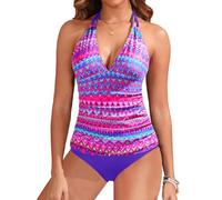 Yonique Zweiteiliger Damen-Badeanzug, Bauchkontrolle, Tankini, Übergröße, Neckholder, V-Ausschnitt, Purple Tribal, Large