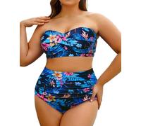 Yonique Zweiteiliger Damen-Badeanzug, Übergröße, hohe Taille, Bandeau-Bikini, Bauchweg-Badeanzug, 16 Plus